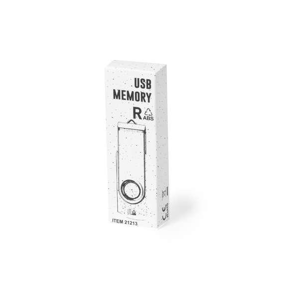 Memoria USB de 16GB de capacidad, con cuerpo en resistente RABS y clip metálico giratorio. Presentada caja de diseño kraft.El RABS es un plástico altamente reciclable de gran resistencia y con multitud de aplicaciones que lo convierten en una solución eco-friendly. Con certificación RCS, que garantiza el origen reciclado del mismo.