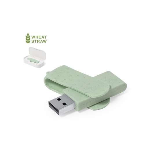 Memoria USB de 16GB de capacidad. Fabricada en caña de trigo, con clip giratorio a juego y disponible en variada gama de colores. Presentada en estuche individual de diseño eco, fabricado en caña de trigo de acabado natural y con interior troquelado.La caña de trigo fomenta la utilización de materias primas naturales, reduciendo así las emisiones contaminantes.