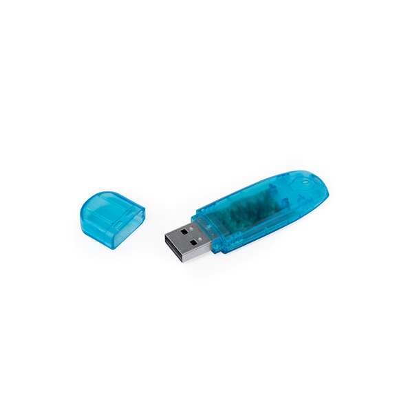 Memoria USB de 16GB de capacidad, fabricada en resistente ABS de acabado translúcido. Disponible en diferentes y atractivos colores, y presentada en caja individual de cartón kraft.