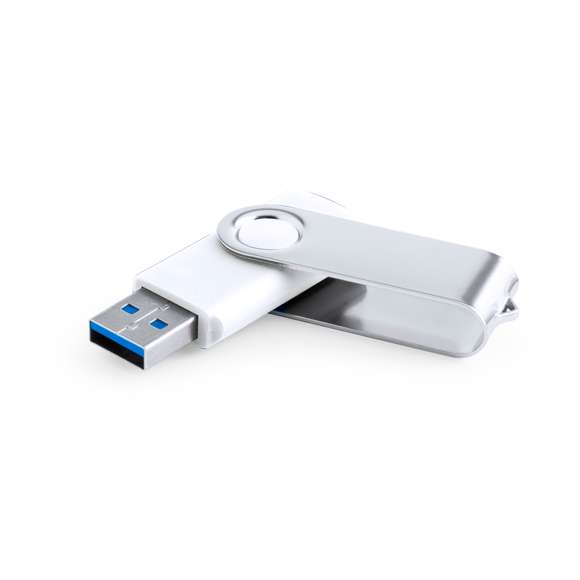 Memoria USB 3.0 de 16GB de capacidad. Con clip metálico y cuerpo de suave acabado en color blanco. Presentada en estuche individual.
