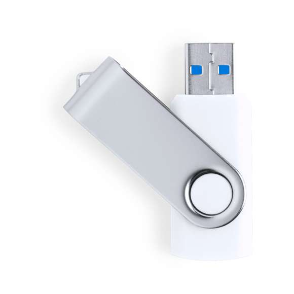Memoria USB 3.0 de 16GB de capacidad. Con clip metálico y cuerpo de suave acabado en color blanco. Presentada en estuche individual.