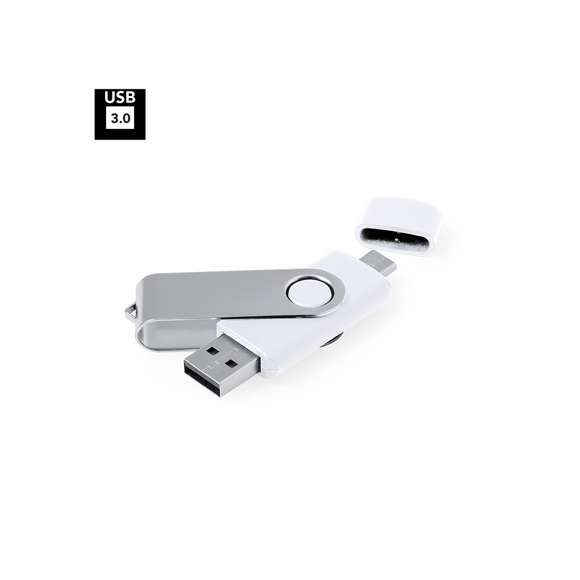 Memoria USB 3.0 de 16GB de capacidad. Con clip metálico y cuerpo de suave acabado en color blanco. Conexiones USB y Tipo C. Presentada en estuche individual.
