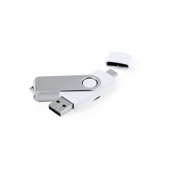 Memoria USB 3.0 de 16GB de capacidad. Con clip metálico y cuerpo de suave acabado en color blanco. Conexiones USB y Tipo C. Presentada en estuche individual.