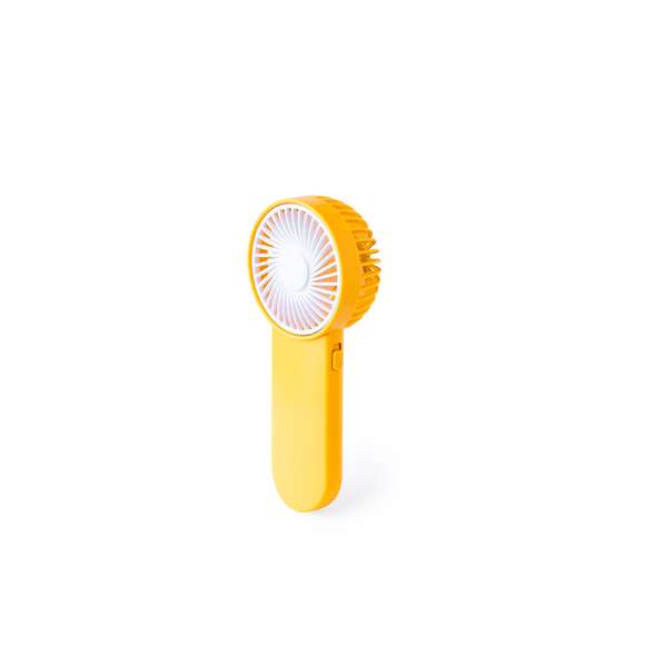 Ventilador de mano en resistente ABS. Con botón lateral de on/off y disponible en variada gama de vivos colores. Alimentación a pilas -2xAA no incluidas. Presentado individualmente en caja.