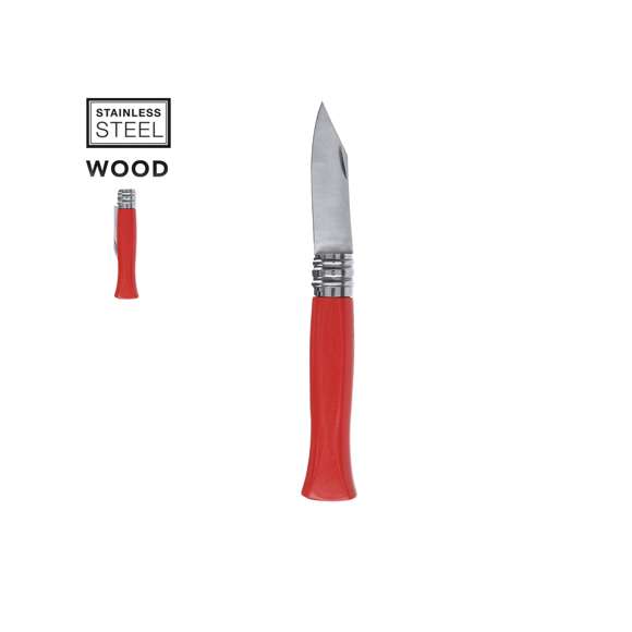 Navaja fabricada en resistente acero inox, con mango ergonómico fabricado en madera natural lacada y con anilla metálica de bloqueo. La aleación de la hoja garantiza resistencia a la corrosión y abrasión, siendo ideal para el uso frecuente con materiales duros. La hoja es de Tipo Clip, que se caracteriza por su forma puntiaguda y destaca por su versatilidad a la hora de usarla. Disponible en variada gama de colores y presentada individualmente en caja blanca.