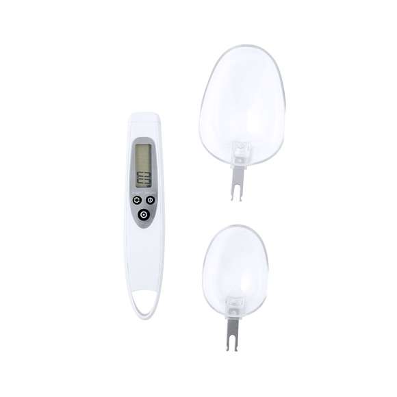 Práctica báscula digital con cuchara, válida para líquidos y sólidos. Incluye 2 cucharas intercambiables y pantalla digital LCD situada en el mango, mostrando el pesaje con una precisión de 0,1g. Botón para mostrar el peso en gramos (g), onzas (oz), o mililitros ( ml), con función de memoria y posibilidad de pesar dos ingredientes. Ambas cucharas llevan grabada una escala de medición adicional para líquidos: la cuchara pequeña desde 5 ml hasta 25 ml; y la cuchara grande desde 10 ml hasta 50 ml. Con manual de instrucciones en español e inglés. Alimentada por pila de botón (incluida) y presentada individualmente en caja de diseño kraft.