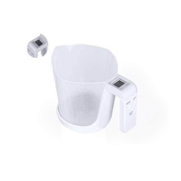 Báscula con jarra medidora integrada, fabricada en resistente combinación de PP y ABS. Pantalla LCD con control por botones y función de tara, con capacidad máxima para 5 kg de peso y válida para medir elementos líquidos o sólidos.Incluye Jarra medidora de 1L de capacidad, con multitud de opciones y vertedor para evitar derrames:-1L, con medidor lateral en tramos de 50 ml.-32 oz, con medidor lateral en tramos de 2 oz. -Medición rápida en volumen de tazas.Funciona con pila de botón (incluida) y viene presentada individualmente en caja.