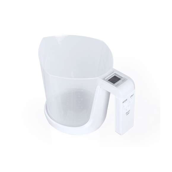 Báscula con jarra medidora integrada, fabricada en resistente combinación de PP y ABS. Pantalla LCD con control por botones y función de tara, con capacidad máxima para 5 kg de peso y válida para medir elementos líquidos o sólidos.Incluye Jarra medidora de 1L de capacidad, con multitud de opciones y vertedor para evitar derrames:-1L, con medidor lateral en tramos de 50 ml.-32 oz, con medidor lateral en tramos de 2 oz. -Medición rápida en volumen de tazas.Funciona con pila de botón (incluida) y viene presentada individualmente en caja.