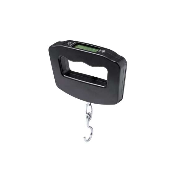 Báscula digital de mano portátil. De diseño ergonómico para adaptarse a la mano y facilitar la visualización de su pantalla LCD. Con botón ON/OFF, función TARA, y varias unidades de medida: gramos (g), kilogramos (kg), libras (lb) y onzas (oz). Con gancho metálico para facilitar el pesaje de diversos objetos y un peso máximo de 50kg. Incluye instrucciones en español e inglés y está alimentada por 2 pilas AAA (no incluidas). Presentada individualmente en caja de diseño kraft.