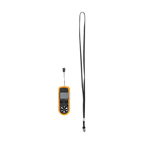 Anemómetro fabricado en resistente ABS. Con pantalla LCD retroiluminada de gran tamaño, que muestra la velocidad del viento, la temperatura y el nivel de batería. Incorpora funciones de medición de velocidad actual del aire, velocidad máxima y promedio. Disponibles multitud de unidades de medida, entre las que destacan la escala de intensidad de Beaufort y la velocidad del aire en distintos formatos (m/s; km/h; ft/min; nudos; mph). Además, muestra la temperatura ambiente en ºC/ºF, la temperatura atmosférica y la sensación térmica. Con función de apagado automático tras unos minutos de inactividad y memoria que permite acceder a los registros almacenados en mediciones anteriores, aunque se haya apagado el dispositivo con anterioridad. Alimentado por pila de botón (incluida) y presentado en caja individual de acabado kraft.
