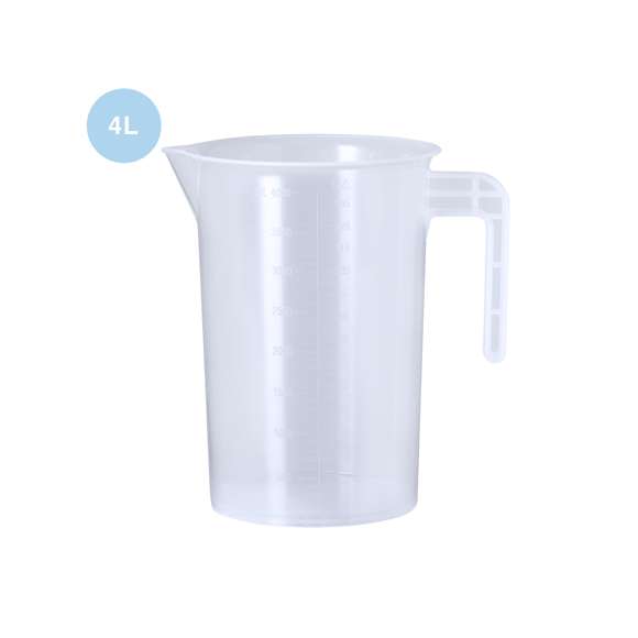 Jarra medidora de 4L fabricada en resistente PP transparente con asa. Con medidor lateral en tramos de 100 ml / 5oz y vertedor en el borde para evitar derrames.