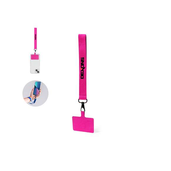 Original pulsera soporte en suave poliéster, adaptable para todo tipo de muñecas y con accesorio de transporte para situar entre la funda y el smartphone. Cinta de transporte a juego y mosquetón metálico giratorio en color negro. Disponible en variada gama de colores.