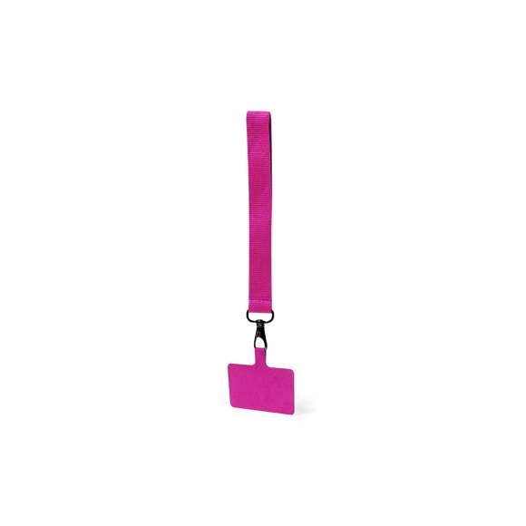Original pulsera soporte en suave poliéster, adaptable para todo tipo de muñecas y con accesorio de transporte para situar entre la funda y el smartphone. Cinta de transporte a juego y mosquetón metálico giratorio en color negro. Disponible en variada gama de colores.