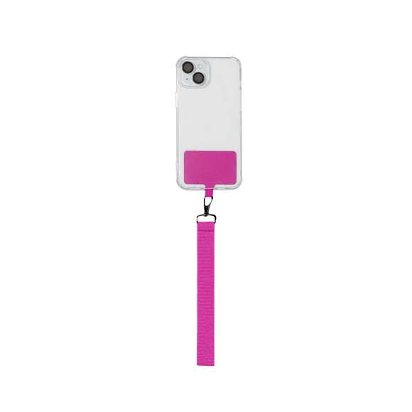 Original pulsera soporte en suave poliéster, adaptable para todo tipo de muñecas y con accesorio de transporte para situar entre la funda y el smartphone. Cinta de transporte a juego y mosquetón metálico giratorio en color negro. Disponible en variada gama de colores.