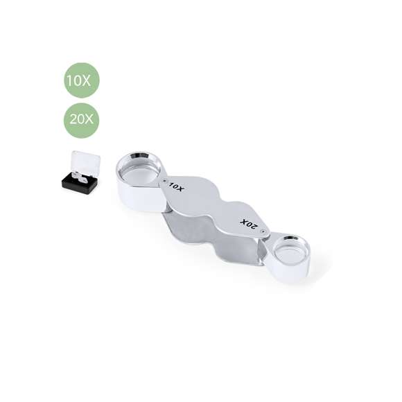 Lupa plegable doble con aumento 10x y 20x, fabricada en resistente metal. Gran potencia de aumento para obtener una visión muy cercana de los detalles más pequeños, con ampliación sin distorsión. Ideal para inspeccionar objetos de tamaño reducido, textos, etc. Además, viene dentro de un estuche con interior acolchado para una mayor protección. Presentada en caja de cartón negra.