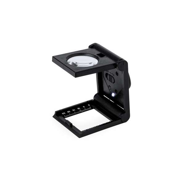 Lupa plegable de 8 aumentos fabricada en resistente PP, con luz LED integrada y regla de medición, Alimentada con pila de botón (incluida) y presentada en caja individual negra de cartón negro.