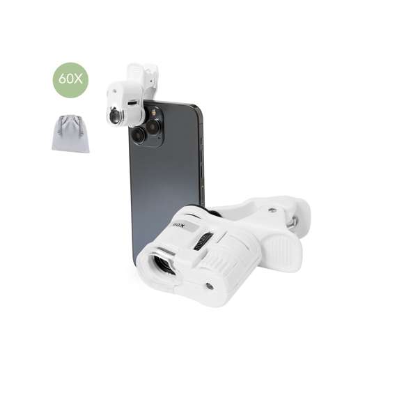 Microscopio de bolsillo ajustable, aumento de hasta 60x. Incluye un práctico clip para adaptarlo a la cámara del smartphone y hacer fotos o vídeos. Con 2 tipos de luz (LED y ultravioleta) y ajustable mediante el dial lateral. Fabricado en resistente material ABS y alimentado por una pila de botón (incluida). Se suministra con una bolsa de transporte y un manual de instrucciones en inglés y español. Presentado en caja individual.