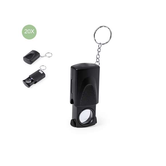 Práctica lupa llavero con aumento 20x y luz LED integrada. Fabricada en resistente ABS de color negro y fácil de transportar por su reducido tamaño. Alimentada por 1 pila de botón (incluida) y presentada en caja individual de cartón negra.