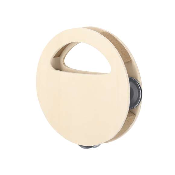 Pandereta de madera. De forma circular con práctica asa para un fácil agarre y 3 platillos dobles metálicos. Con amplia superficie de impresión. Elaborado con elementos vegetales para así fomentar la utilización de materias primas naturales y reducir las emisiones contaminantes.