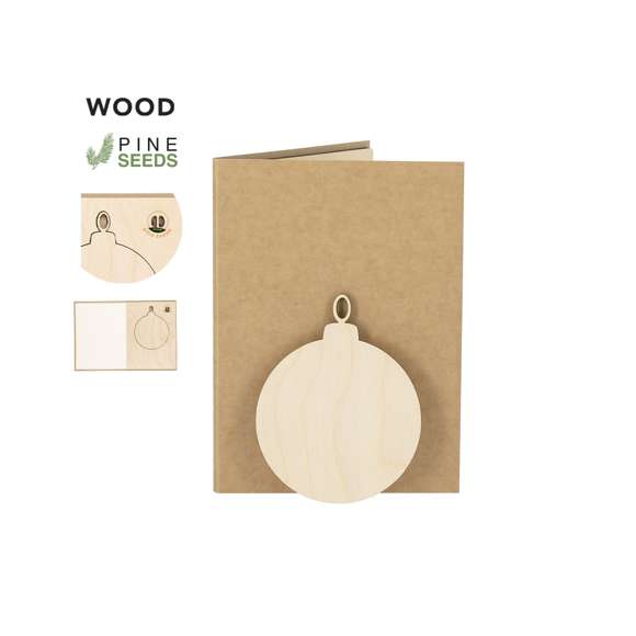 Sostenible y original set de postal navideña con adorno incluido en forma de bola de navidad y cápsula interior con semillas de pino, un regalo respetuoso con el medio ambiente a la vez que sorprendente. Contenido:Postal fabricada en papel de acabado Kraft. Bola de navidad de madera natural con troquelado en el interior. Cápsula de semillas de pino integrada en el interior.Elaborado con elementos vegetales para así fomentar la utilización de materias primas naturales y reducir las emisiones contaminantes.
