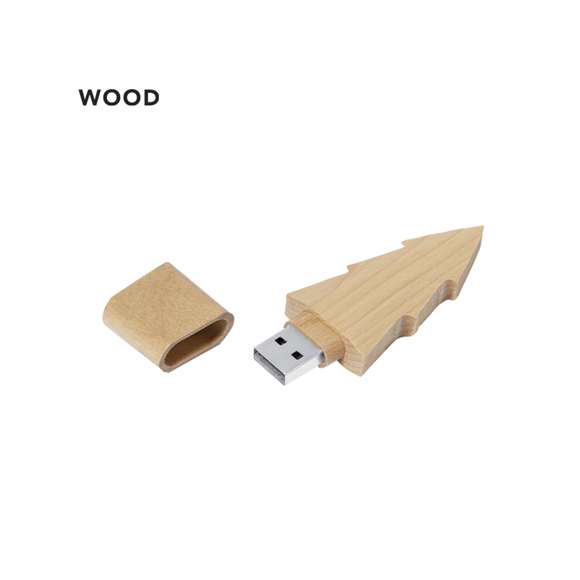Memoria USB de 16GB de capacidad fabricada en suave madera. Distintivo diseño de pino con cierre de capucha.Elaborado con elementos vegetales para fomentar así la utilización de materias primas naturales y reducir las emisiones contaminantes.