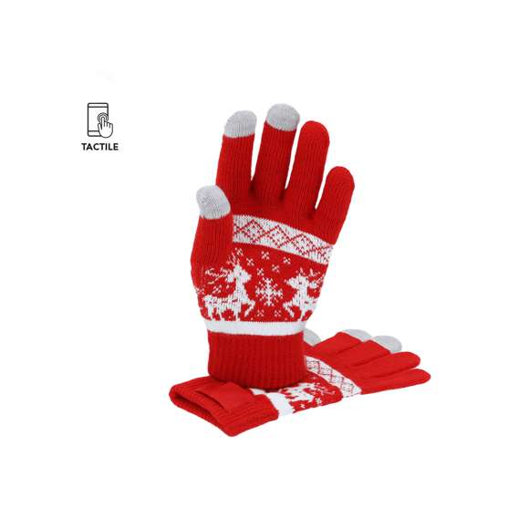 Cálidos guantes con motivos navideños. Función táctil en dedos corazón, índice y pulgar, fabricados en suave acrílico. Con etiqueta especial para el marcaje. Un original regalo para lucir con estilo en navidad.