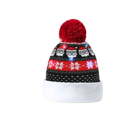Gorro navideño con luz LED y diseño pom pom. Cuenta con 6 LEDs de colores variados, con opciones de luz fija e intermitente (pila de botón incluida). Fabricado en suave acrílico. Un regalo ideal para combatir el frío y agregar un toque de calidez y diversión.