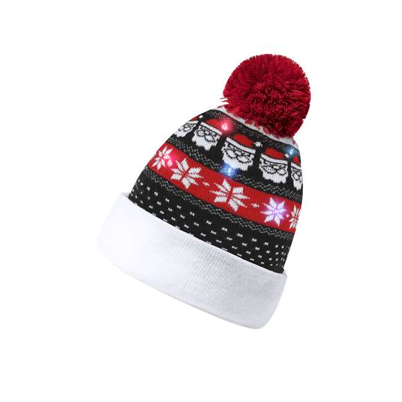 Gorro navideño con luz LED y diseño pom pom. Cuenta con 6 LEDs de colores variados, con opciones de luz fija e intermitente (pila de botón incluida). Fabricado en suave acrílico. Un regalo ideal para combatir el frío y agregar un toque de calidez y diversión.