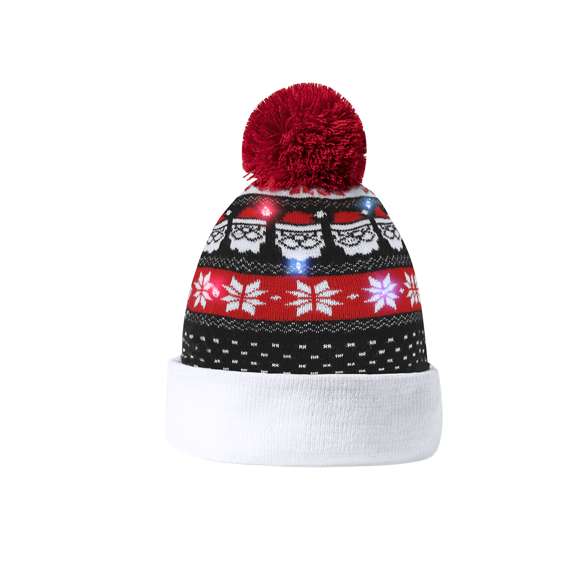 Gorro navideño con luz LED y diseño pom pom. Cuenta con 6 LEDs de colores variados, con opciones de luz fija e intermitente (pila de botón incluida). Fabricado en suave acrílico. Un regalo ideal para combatir el frío y agregar un toque de calidez y diversión.