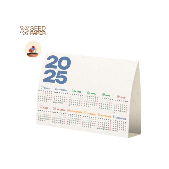 Calendario plantable fabricado en papel de semilla. Incluye semillas de petunia de colores surtidos convirtiéndolo en papel plantable después de su vida útil. De diseño año vista, con festividades nacionales marcadas en rojo y autonómicas en verde.