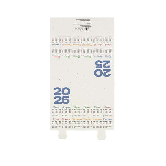 Calendario plantable fabricado en papel de semilla. Incluye semillas de petunia de colores surtidos convirtiéndolo en papel plantable después de su vida útil. De diseño año vista, con festividades nacionales marcadas en rojo y autonómicas en verde.