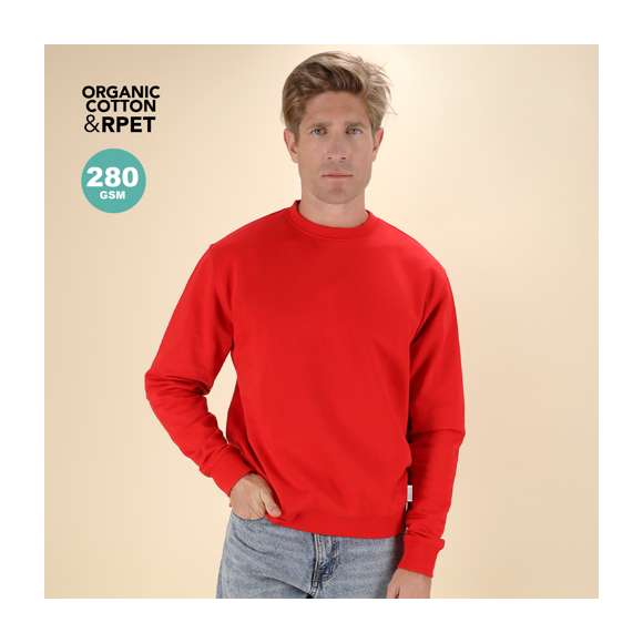 Sudadera Unisex de Algodón Orgánico y Poliéster Reciclado, en suave felpa perchada de 280 g/m2. Con cuello, puños y cintura de punto canalé de elastano. Cubrecosturas en el interior del cuello, con etiqueta distintiva eco.