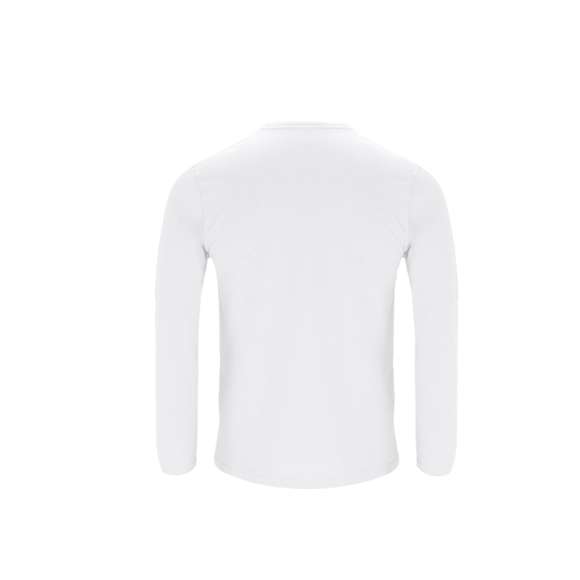 Camiseta de manga larga para adulto en color blanco de suave y agradable tacto en 100% algodón, punto liso de 160 g/m2. Confeccionada en tejido tubular, con cuello redondo acanalado 1x1 y con cubrecosturas reforzado a juego en color blanco.