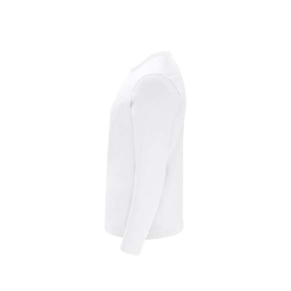 Camiseta de manga larga para adulto en color blanco de suave y agradable tacto en 100% algodón, punto liso de 160 g/m2. Confeccionada en tejido tubular, con cuello redondo acanalado 1x1 y con cubrecosturas reforzado a juego en color blanco.