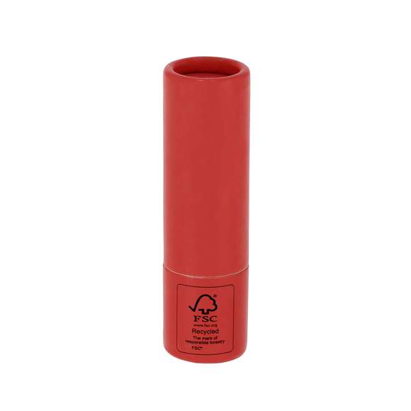 Bálsamo labial fabricado en cartón reciclado con certificado FSC. Aroma vainilla. Protección SPF15. Dermatológicamente testado. Distintivo FSC sobre el envase.