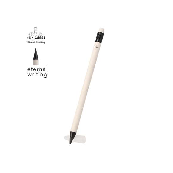 Lápiz eterno fabricado con cartones de leche reciclados. Reutilizable y con escritura infinita. Incluye goma de borrar en la parte superior del lápiz y capucha de protección. De color blanco, con detalles en negro. Con distintivo de cartón de leche reciclado en el cuerpo.Los cartones de leche se componen en su mayor parte de cartón y aluminio. Durante su proceso de reciclado, se separan los distintos materiales del envase para su reutilización y nuevo uso, contribuyendo así a recorrer el camino infinito de la economía circular. Este material se caracteriza por su alto grado de reciclabilidad, así como por su ligereza y resistencia.