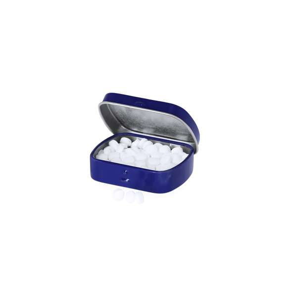 Dispensador de caramelos de menta sin azúcar de 23 gr. En caja de metal con sistema de apertura de bisagra.