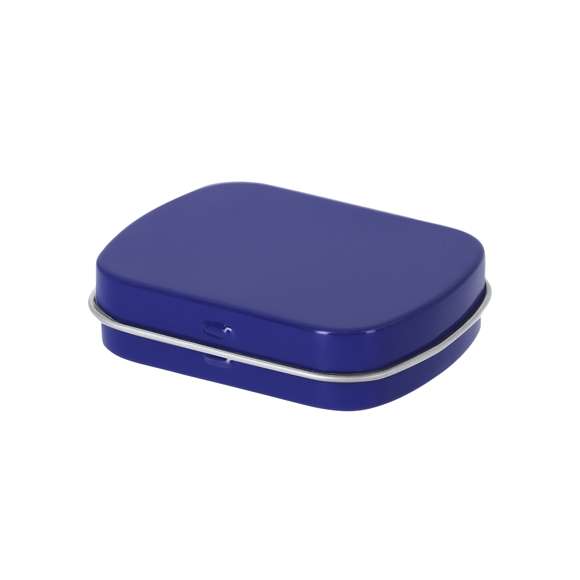Dispensador de caramelos de menta sin azúcar de 23 gr. En caja de metal con sistema de apertura de bisagra.