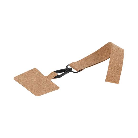 Pulsera soporte para smartphone fabricada en corcho. Con cinta de transporte a juego y mosquetón metálico giratorio en color negro. Elaborado con elementos vegetales para así fomentar la utilización de materias primas naturales y reducir las emisiones contaminantes.