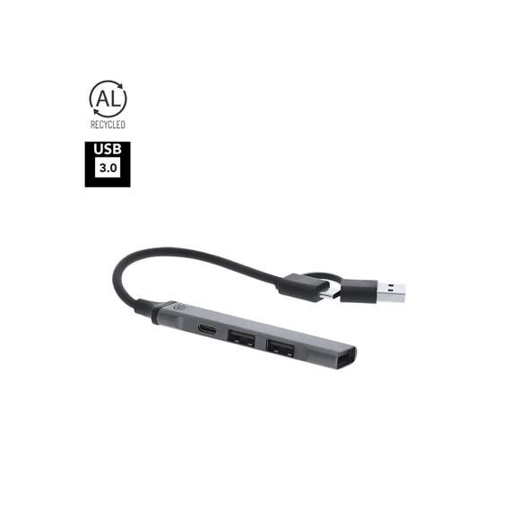 Puerto USB fabricado en Aluminio Reciclado. Con conexión dual USB/Tipo C y 4 puertos: 1 conexión Tipo C 3.0 y 3 puertos USB. Con distintivo Aluminio Reciclado. El aluminio reciclado es un material con posibilidades de reciclaje casi infinitas, sin perder sus propiedades originales y consumiendo menos energía en este proceso. Certificación GRS (Global Recycled Standard / Estándar de Reciclaje Global), que garantiza el origen reciclado del material usado para fabricar el producto.