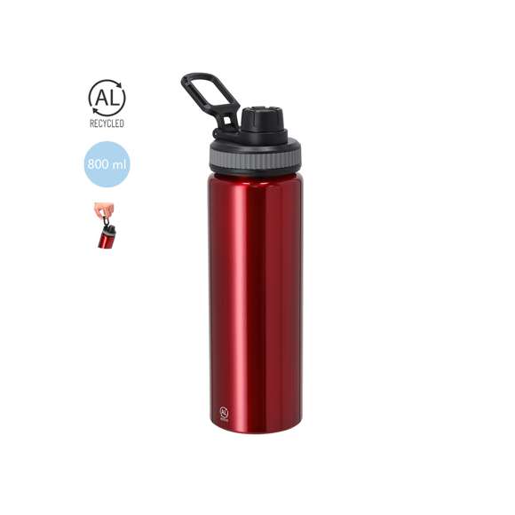 Bidón de Aluminio Reciclado con 800 ml de capacidad. Incluye tapadera color negro con sistema de cierre a rosca, agarre de silicona gris para un óptimo sellado, dosificador y asa para transporte ajustable. Incluye distintivo Aluminio Reciclado.El aluminio reciclado es un material con posibilidades de reciclaje casi infinitas, sin perder sus propiedades originales y consumiendo menos energía en este proceso.Certificación GRS (Global Recycled Standard / Estándar de Reciclaje Global), que garantiza el origen reciclado del material usado para fabricar el producto.