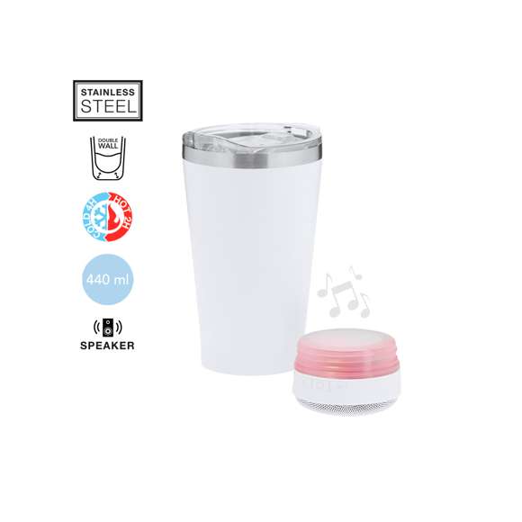 Vaso Térmico con Altavoz Bluetooth 5.3 de 3W integrado. Con 440 ml de capacidad y fabricado en acero inoxidable de doble pared, asegurando una durabilidad máxima y un excelente mantenimiento de la temperatura de las bebidas, ya sean frías o calientes. Es ideal para tener en tu escritorio, mesa o en cualquier superficie donde disfrutar tranquilamente de tu bebida favorita. Con dosificador en tapadera y abre fácil, libre de BPA. Cuenta con base antideslizante a juego, que proporciona una mayor estabilidad. El altavoz Bluetooth integrado en la base del vaso es fácilmente extraíble gracias a su sistema de rosca, e incluye iluminación inteligente LED RGB, que se sincroniza al ritmo de la música, creando una experiencia visual y auditiva única. Además, la función manos libres permite atender llamadas sin necesidad de dejar lo que se está haciendo.