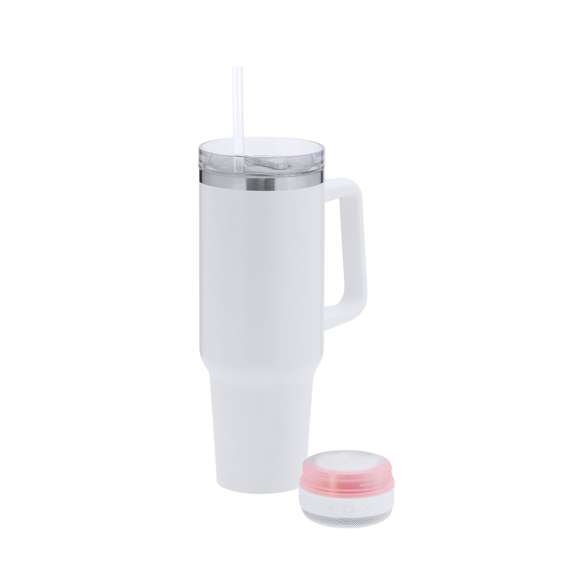 Taza térmica con Altavoz Bluetooth 5.3 de 3W integrado. Con 1,25L de capacidad, asa ergonómica y fabricado en acero inoxidable de doble pared, asegurando una durabilidad máxima y un excelente mantenimiento de la temperatura de las bebidas, ya sean frías o calientes. Es ideal para tener en tu escritorio, mesa o en cualquier superficie donde disfrutar tranquilamente de tu bebida favorita. La tapadera cuenta con un cierre a presión y un dosificador de fácil apertura, libre de BPA, garantizando seguridad y facilidad de uso. Cuenta con base antideslizante, a juego, que proporciona una mayor estabilidad. El altavoz Bluetooth integrado en la base de la taza es fácilmente extraíble gracias a su sistema de rosca, e incluye iluminación inteligente LED RGB, que se sincroniza al ritmo de la música, creando una experiencia visual y auditiva única. Además, la función manos libres permite atender llamadas sin necesidad de dejar lo que se está haciendo.