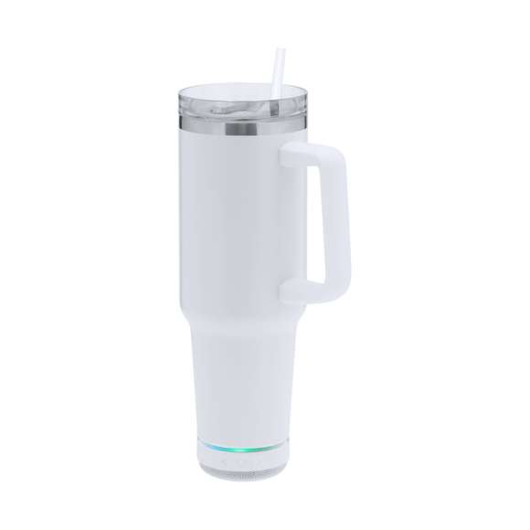 Taza térmica con Altavoz Bluetooth 5.3 de 3W integrado. Con 1,25L de capacidad, asa ergonómica y fabricado en acero inoxidable de doble pared, asegurando una durabilidad máxima y un excelente mantenimiento de la temperatura de las bebidas, ya sean frías o calientes. Es ideal para tener en tu escritorio, mesa o en cualquier superficie donde disfrutar tranquilamente de tu bebida favorita. La tapadera cuenta con un cierre a presión y un dosificador de fácil apertura, libre de BPA, garantizando seguridad y facilidad de uso. Cuenta con base antideslizante, a juego, que proporciona una mayor estabilidad. El altavoz Bluetooth integrado en la base de la taza es fácilmente extraíble gracias a su sistema de rosca, e incluye iluminación inteligente LED RGB, que se sincroniza al ritmo de la música, creando una experiencia visual y auditiva única. Además, la función manos libres permite atender llamadas sin necesidad de dejar lo que se está haciendo.