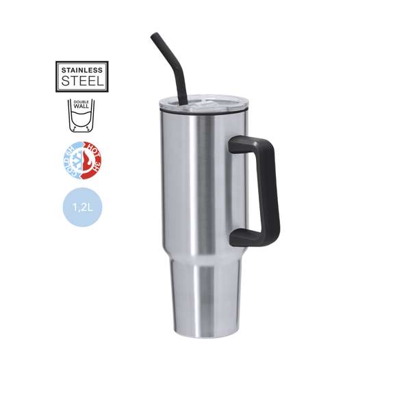 Jarra térmica de 1,2 L de capacidad. Fabricada en acero inoxidable e interior de PP en color negro. Libre de BPA. Con tapadera con sistema de cierre a presión con dosificador de fácil apertura y pajita incluida. Asa de transporte ergonómica para mayor comodidad. Es ideal para tener en tu escritorio, mesa o en cualquier superficie donde disfrutar tranquilamente de tu bebida favorita. El acero es uno de los materiales más demandados y que puede encontrarse casi en todas partes, desde productos de uso diario a grandes construcciones. Con innumerables propiedades, entre las que cabe destacar la durabilidad y su alto grado de reutilización, convirtiéndolo en una alternativa muy valorada en soluciones de sostenibilidad. Debidamente tratado, permite obtener nuevos recursos de infinita utilización.