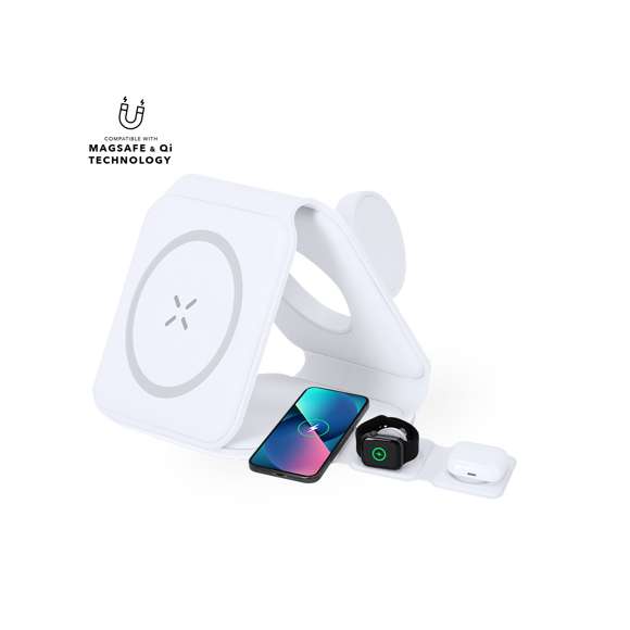 Completo cargador inalámbrico magnético 15W, diseñado para la carga simultánea del smartphone, auriculares y smartwatch. Un gadget todo en uno: plegable, portátil, de tamaño compacto, muy versátil y de diseño funcional. Conexión por usb Tipo C -cable incluido- y elaborado en resistente ABS de color blanco. Fabricado conforme a los estándares RoHS y en cumplimiento con los siguientes requisitos de seguridad:Sistema de protección contra sobrecalentamiento.Sistema de protección contra sobrecarga.Sistema de bloqueo para evitar cortocircuitos.