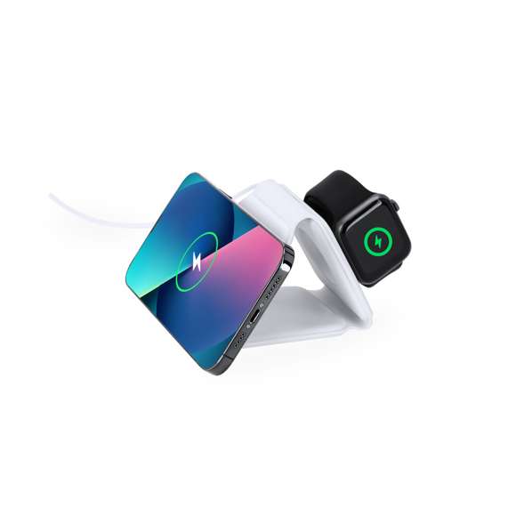 Completo cargador inalámbrico magnético 15W, diseñado para la carga simultánea del smartphone, auriculares y smartwatch. Un gadget todo en uno: plegable, portátil, de tamaño compacto, muy versátil y de diseño funcional. Conexión por usb Tipo C -cable incluido- y elaborado en resistente ABS de color blanco. Fabricado conforme a los estándares RoHS y en cumplimiento con los siguientes requisitos de seguridad:Sistema de protección contra sobrecalentamiento.Sistema de protección contra sobrecarga.Sistema de bloqueo para evitar cortocircuitos.