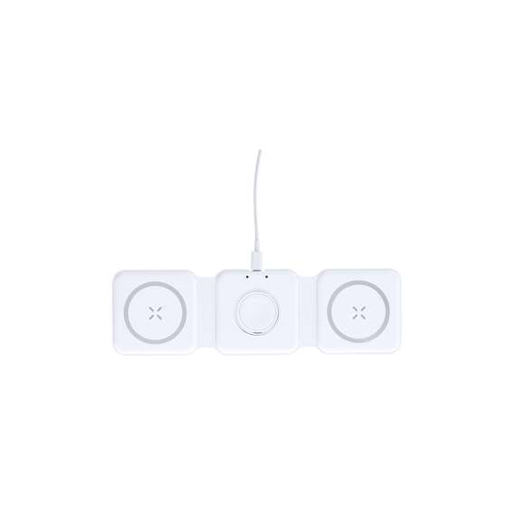 Completo cargador inalámbrico magnético 15W, diseñado para la carga simultánea del smartphone, auriculares y smartwatch. Un gadget todo en uno: plegable, portátil, de tamaño compacto, muy versátil y de diseño funcional. Conexión por usb Tipo C -cable incluido- y elaborado en resistente ABS de color blanco. Fabricado conforme a los estándares RoHS y en cumplimiento con los siguientes requisitos de seguridad:Sistema de protección contra sobrecalentamiento.Sistema de protección contra sobrecarga.Sistema de bloqueo para evitar cortocircuitos.