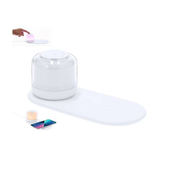Lámpara multifunción. Incluye:- Lámpara portátil de carga inalámbrica de 12 LEDs. Con 2 posiciones de luz regulables por botones táctiles: luz blanca y multicolor. - Cargador inalámbrico de 15W.