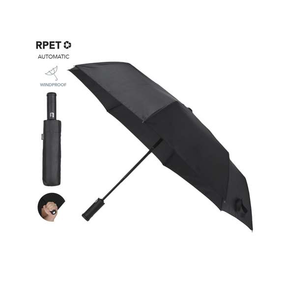 Paraguas fabricado en RPET. Incluye práctico mango linterna con giro de 180º en suave tacto goma y botón ON/OFF. Diámetro de 105 cm en material pongee 190T RPET. De apertura y cierre automáticos, con sistema antiviento y varillas en fibra de vidrio. Incluye distintivo RPET en funda. Alimentación a pilas (de botón incluidas).El material RPET se elabora a partir de plástico reciclado, para así fomentar la reutilización de residuos plásticos y ayudar a la sostenibilidad del planeta.